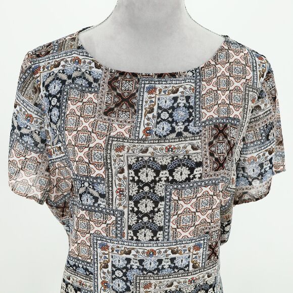 J Jill Top Womens Large Ivory Blue Sheer Blouse Back Pleats Whimsy Boho Chic - Picture 7 of 12